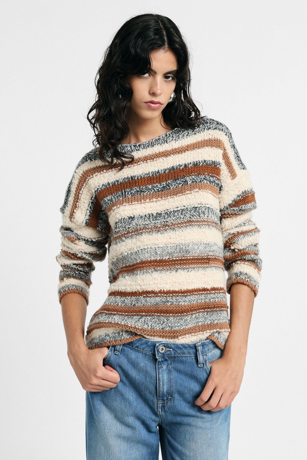 Pull femme rayé en maille bouclée, vue de dos – Please