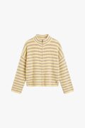 Cardigan zippé femme à col montant, maille rayée jaune et beige – Please