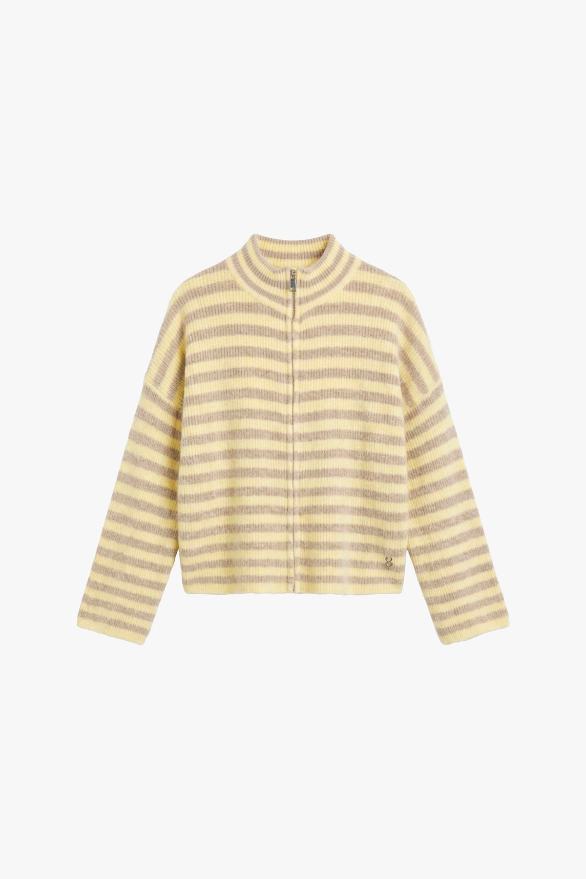 Cardigan zippé femme à col montant, maille rayée jaune et beige – Please