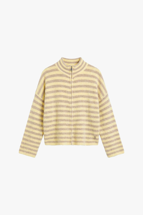 Cardigan zippé femme à col montant, maille rayée jaune et beige – Please