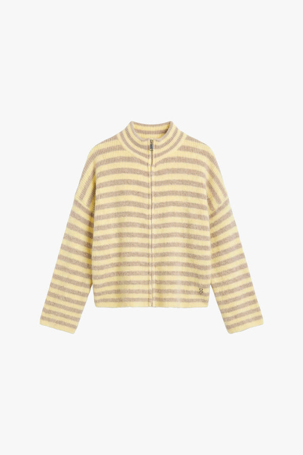 Cardigan zippé femme à col montant, maille rayée jaune et beige – Please