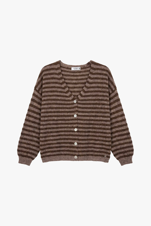 Cardigan femme rayé à col V, taupe et marron – Please