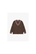 Pull col V femme à liserés contrastés, maille chinée – Please