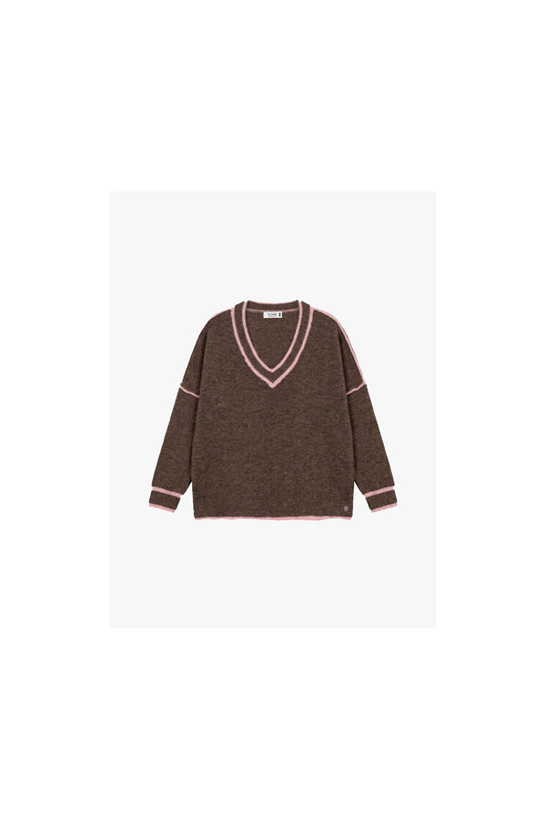Pull col V femme à liserés contrastés, maille chinée – Please