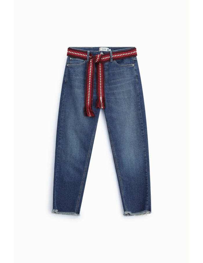 Jean boyfriend ceinture tissée ourlet effiloché Bleu denim Please