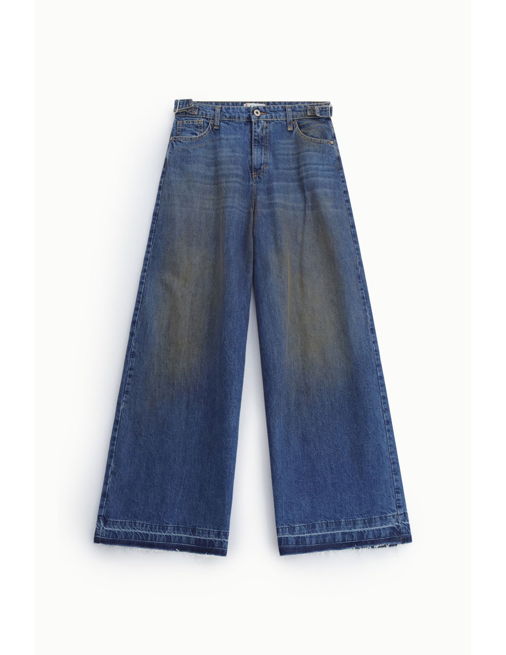 Jean Large Please Femme Taille Haute – Jambe Évasée, Ourlet Effiloché, Bleu Délavé