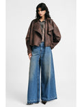 Jean Large Please Femme Taille Haute – Jambe Évasée, Ourlet Effiloché, Bleu Délavé