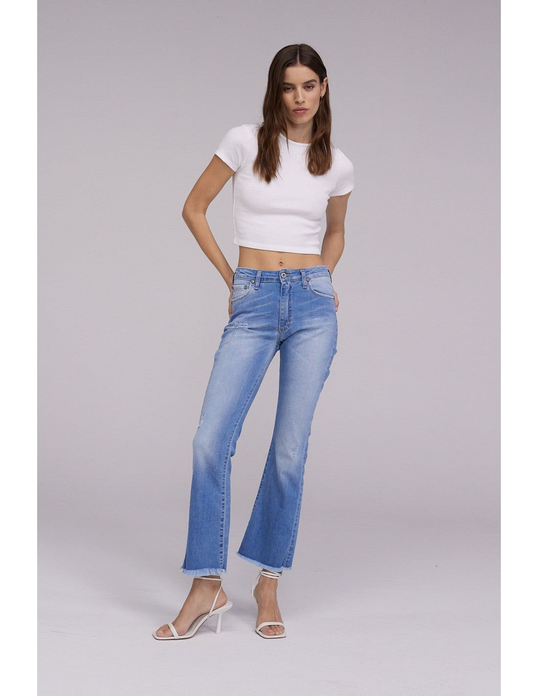 Please Femme jean kick flare longueur Cropped en denim delavé bleu medium
