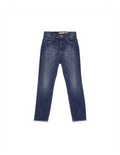 Please Femme jean longueur 7/8 en denim de coton bleu delavage medium, avec ourlets à franges