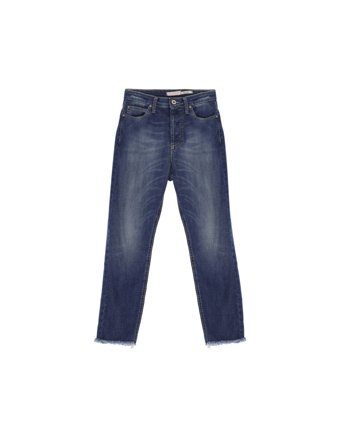 Please Femme jean longueur 7/8 en denim de coton bleu delavage medium, avec ourlets à franges