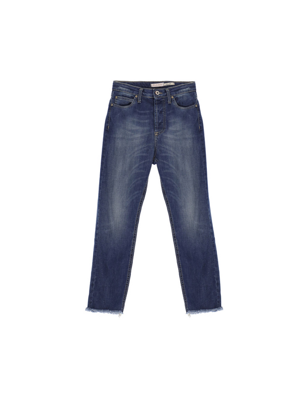 Please Femme jean longueur 7/8 en denim de coton bleu delavage medium, avec ourlets à franges
