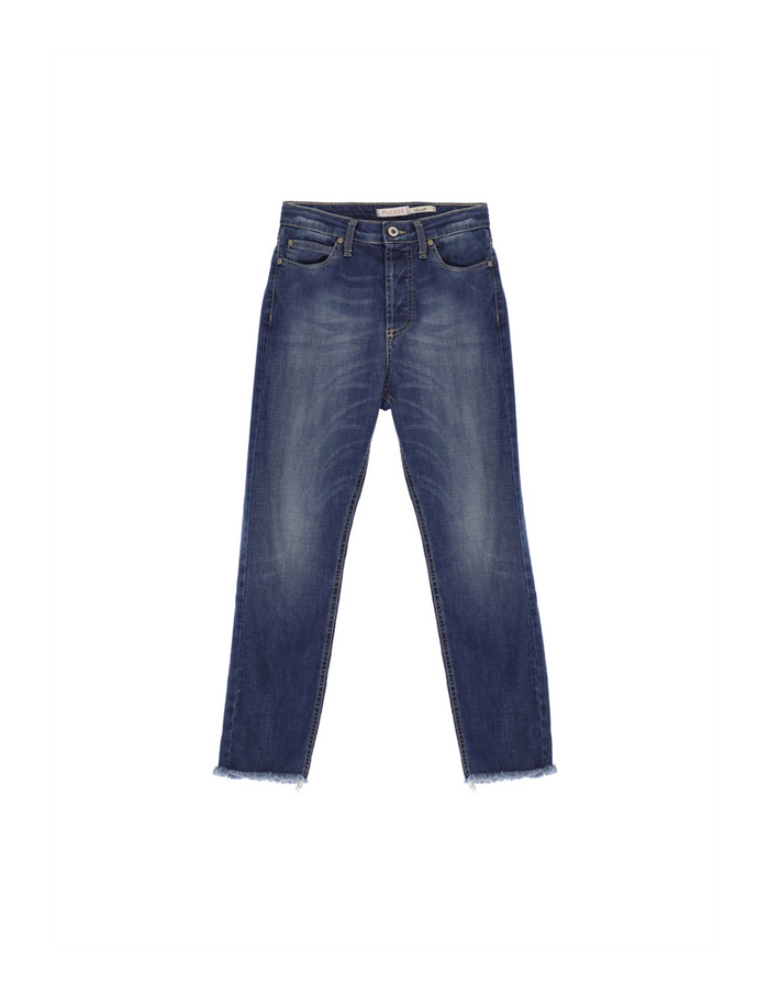 Please Femme jean longueur 7/8 en denim de coton bleu delavage medium, avec ourlets à franges