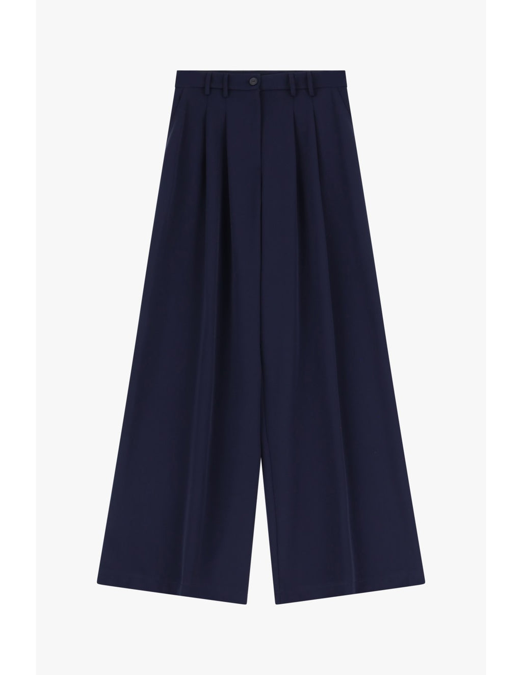 Please Pantalon Bleu Marine à doubles pinces et jambes évasées en crêpe