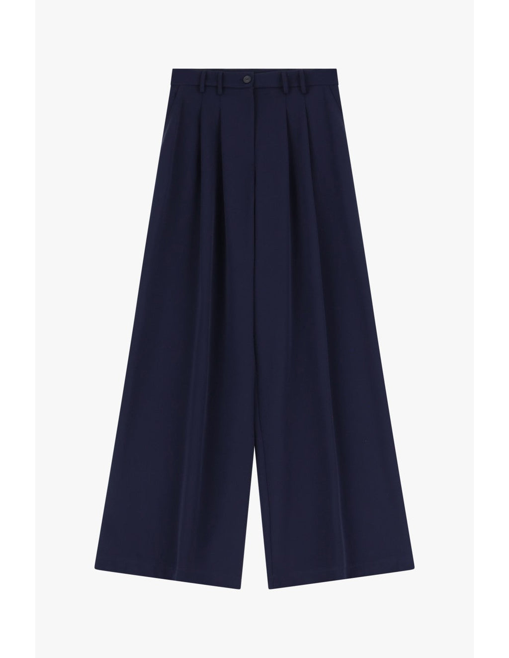 Please Pantalon Bleu Marine à doubles pinces et jambes évasées en crêpe