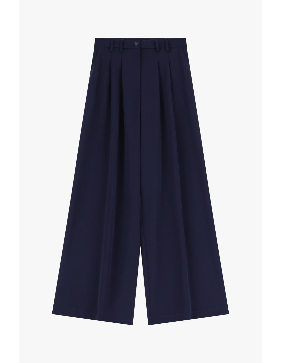 Please Pantalon Bleu Marine à doubles pinces et jambes évasées en crêpe