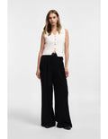 Please Pantalon Noir à doubles pinces et jambes évasées en crêpe