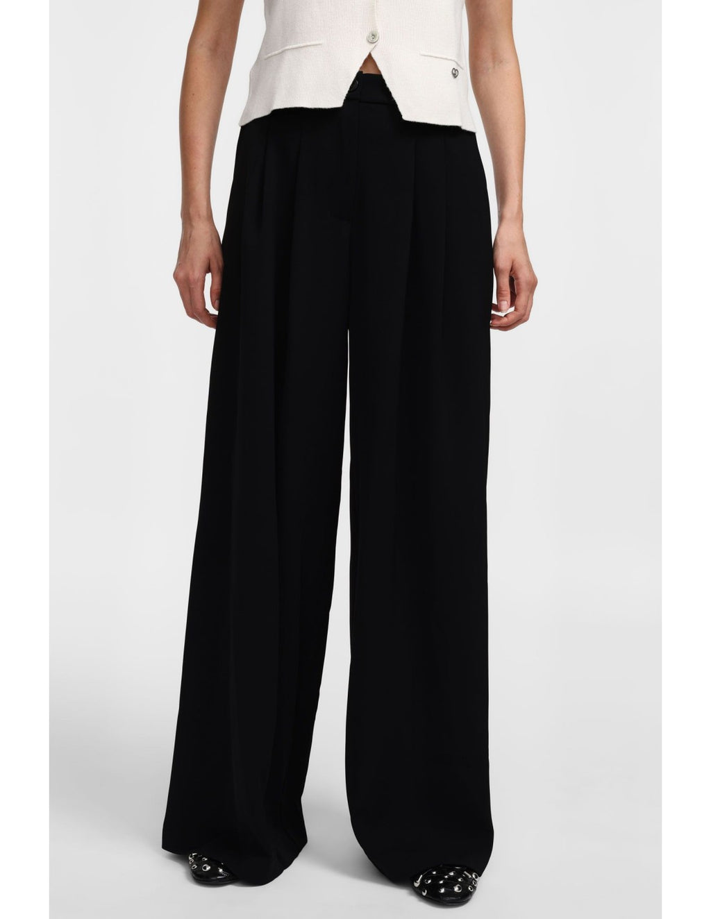 Please Pantalon Noir à doubles pinces et jambes évasées en crêpe