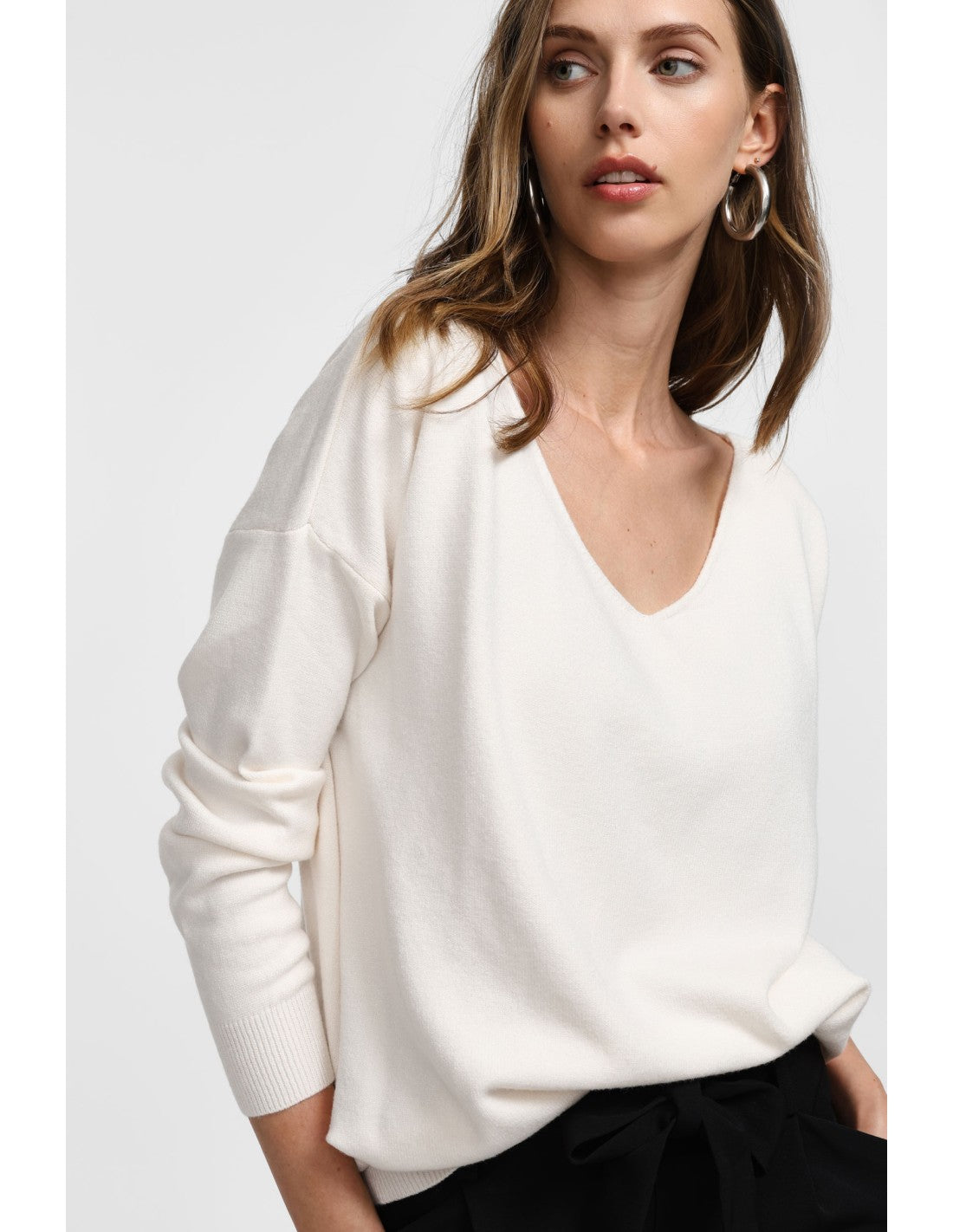 Pull col V maille fine Écru Please