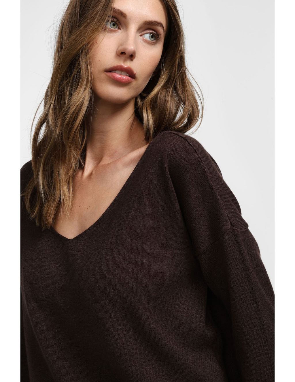 Pull col V maille fine Marron Please