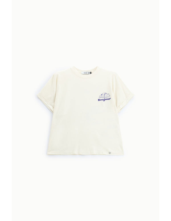T-shirt col rond imprimé poitrine Écru Please