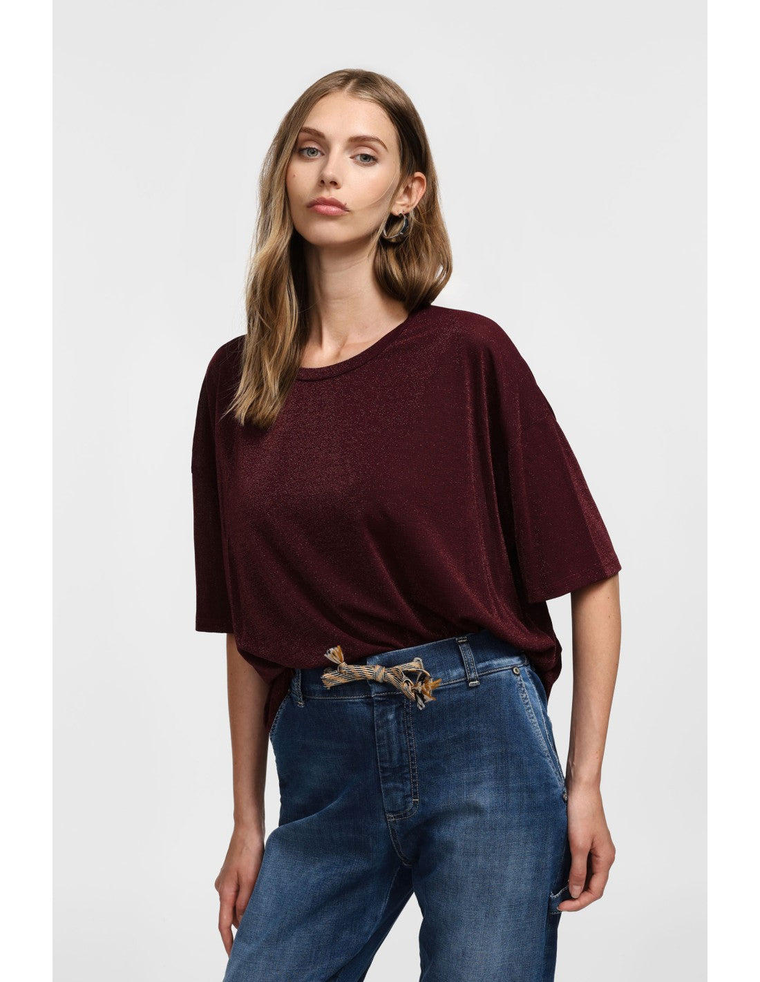 T-shirt col rond viscose et lurex Bordeaux Please