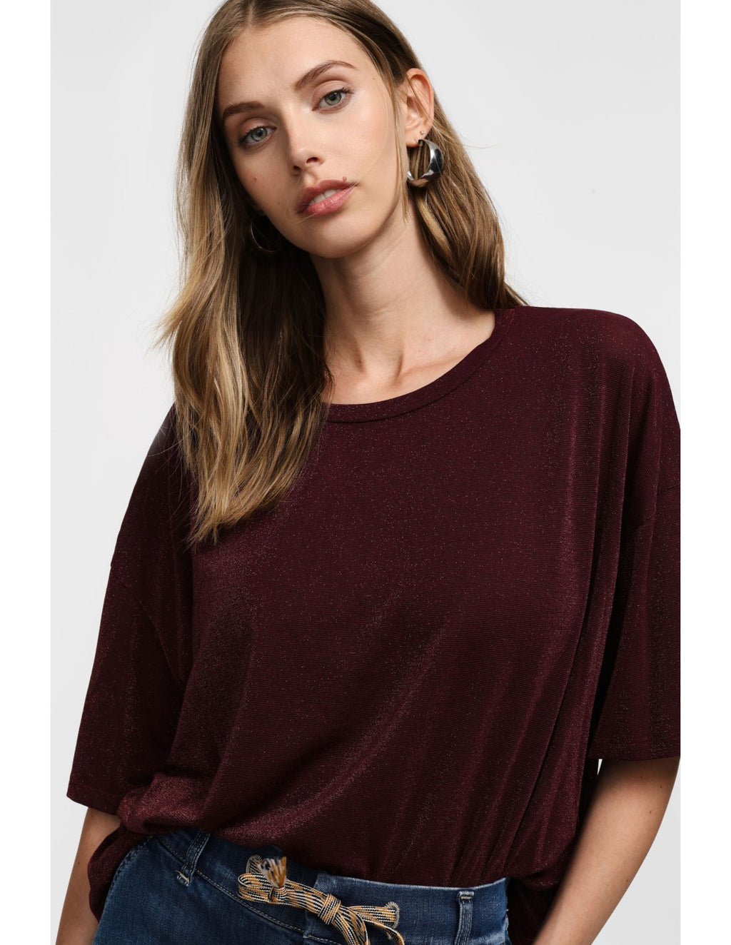 T-shirt col rond viscose et lurex Bordeaux Please