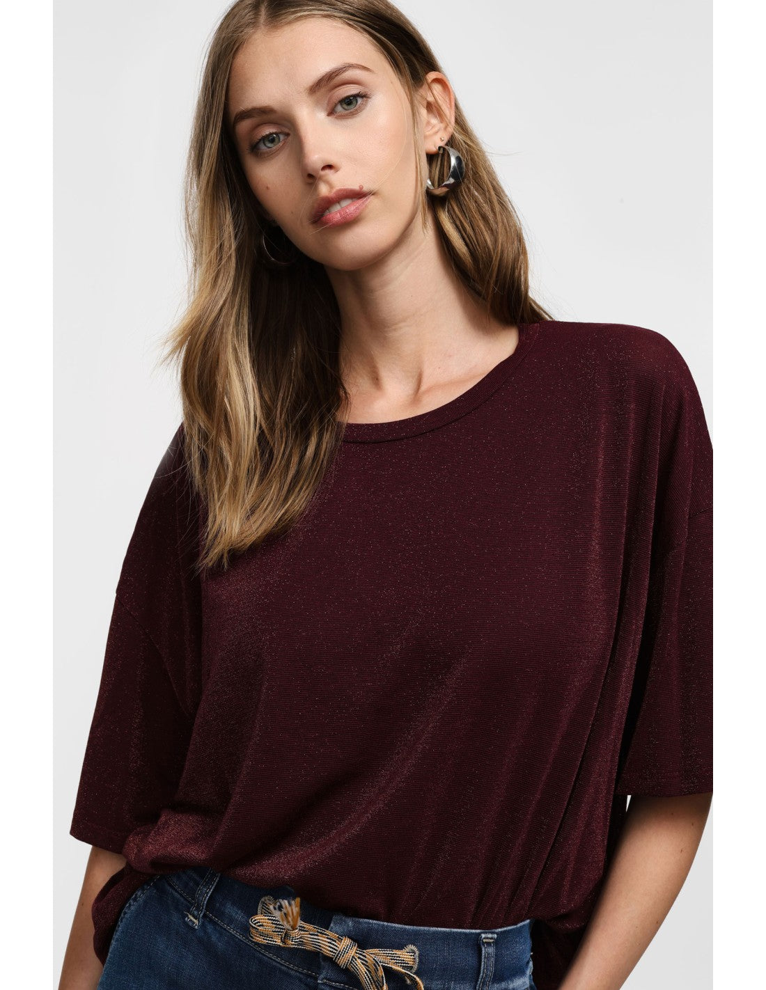 T-shirt col rond viscose et lurex Bordeaux Please