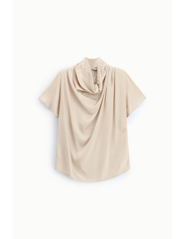 Top Drapé Please Femme – Col Souple, Ouverture Goutte d'Eau au Dos, Crêpe Satin